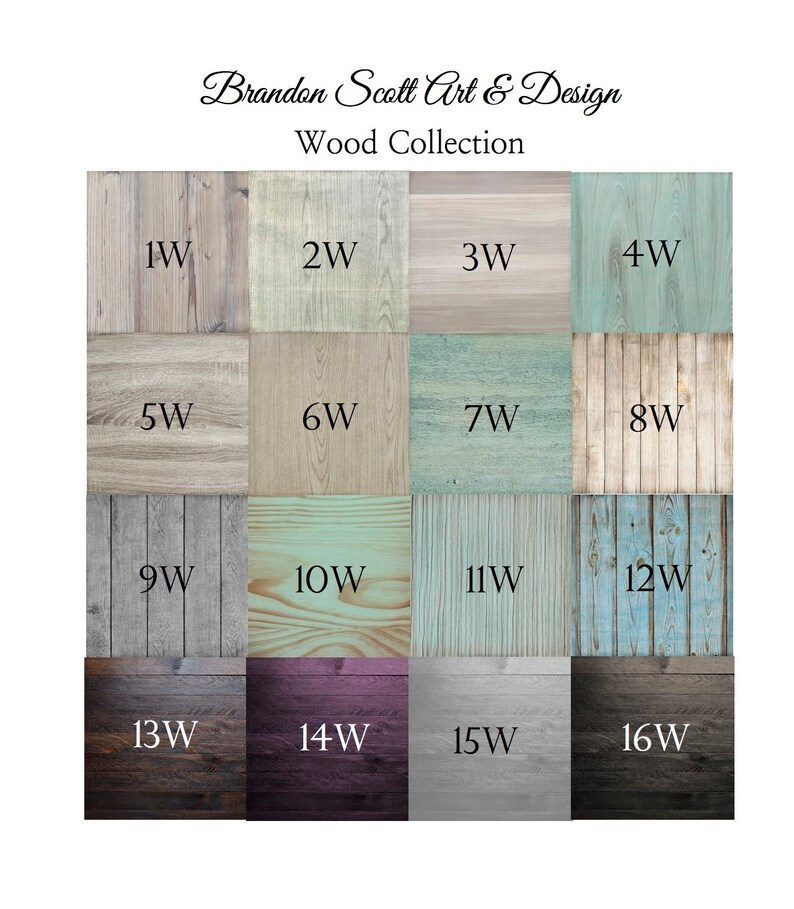 May include: A collection of 16 wood samples, labeled 1W through 16W, showcasing different wood grains and colors. The wood samples are arranged in a grid pattern.