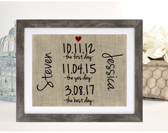 May include: A framed print on burlap fabric with the names "Steven" and "Jessica" written in cursive. The print features three dates with the text "the first day", "the yes day", and "the best day".