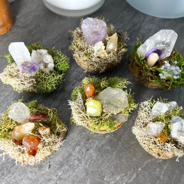 Miniature Mossy Crystal Garden - Nature's Serenity for Your Desk or Altar