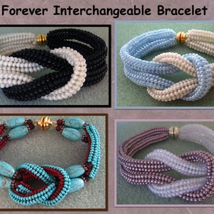 May include: Four different styles of interchangeable bracelets with knotted designs. The bracelets are made with black and white beads, light blue and white beads, turquoise and red beads, and purple and white beads.