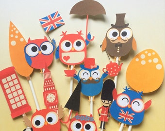 London owls cupcake toppers, London owls cake topper, English theme party, toppers England, English tea party, English party, Owls, Big Ben