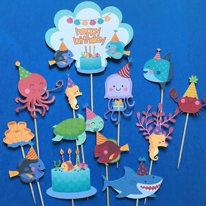 Sea life party cupcake toppers, 12 Ocean cupcake toppers, Sea creatures party cupcake toppers, sea animals birthday party toppers, sea