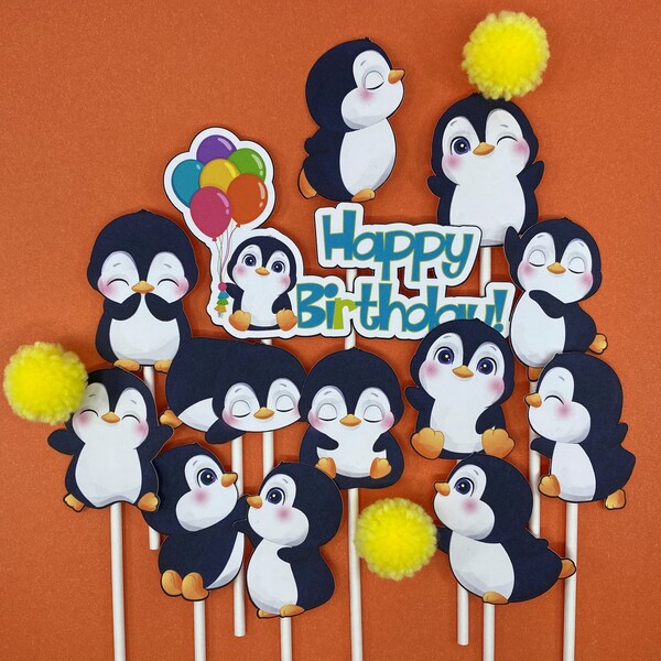 Penguin cupcake toppers, 12 penguin toppers + bonus, penguin toppers, cupcake toppers penguins, penguin party supply, penguin cake topper