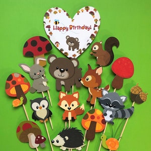 Woodland animals cupcake toppers, 15 woodland animal toppers, animal toppers, bear, rabbit, deer, squirrel, raccoon, owl, porcupine