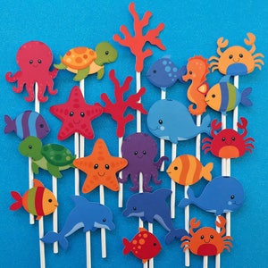 Sea cupcake toppers, Ocean cupcake topper,  Under the sea cupcake toppers, sea creatures toppers, sea life theme party, Ocean party, sea