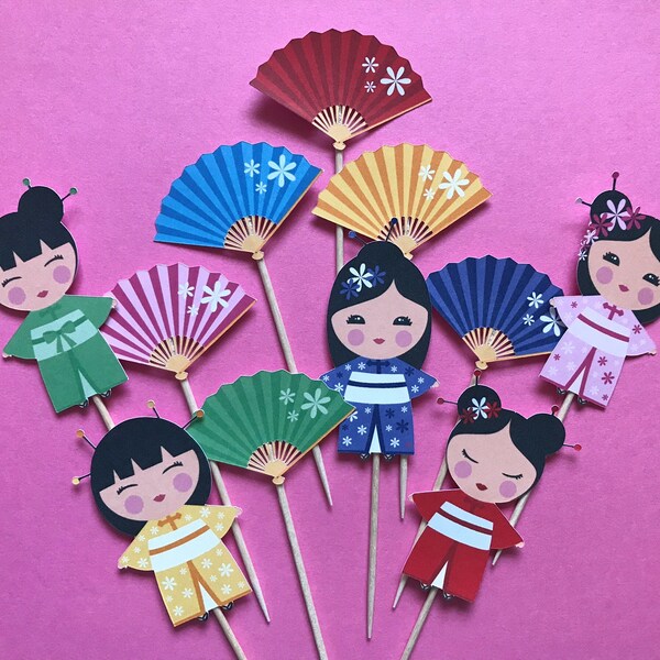 Kokeshi Dolls cupcake toppers, Japanese Kokeshi dolls toppers, Kokeshi dolls party, Japanese dolls cupcake toppers, doll cake topper