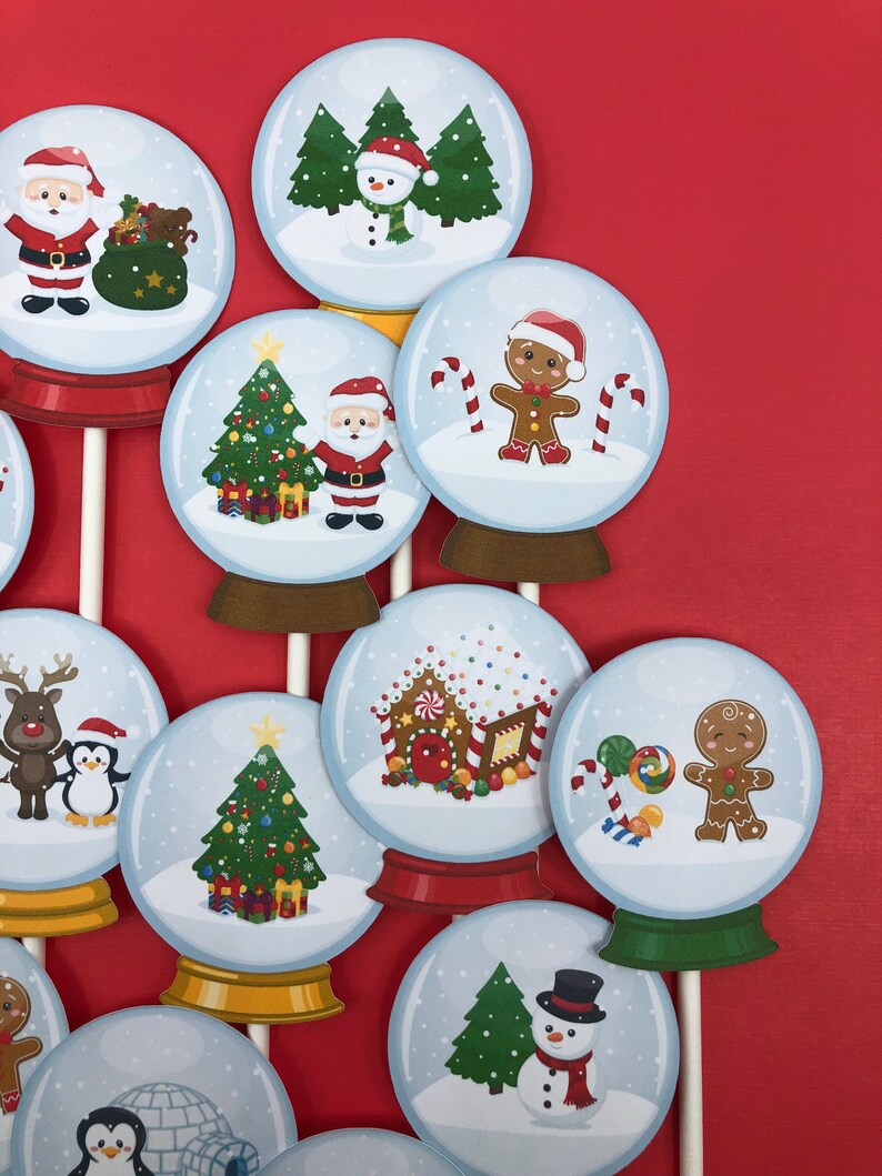 Toppers de cupcake de globo de nieve, toppers de globo de nieve, toppers de cupcake de Navidad, toppers de fiesta de Navidad, toppers de Santa, toppers de pastel de Navidad imagen 4