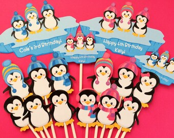 Penguin cupcake toppers, 12 penguin toppers + bonus, penguin toppers, cupcake toppers penguins, penguin party supply, penguin cake topper