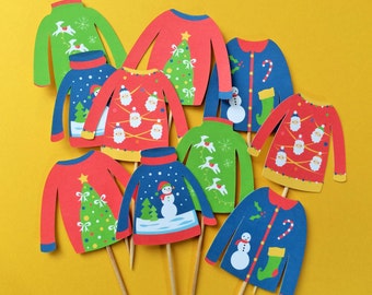 Ugly sweater cupcake toppers, Ugly sweater toppers, Christmas cupcake toppers, Christmas tree cupcake toppers, Ugly sweater toppers