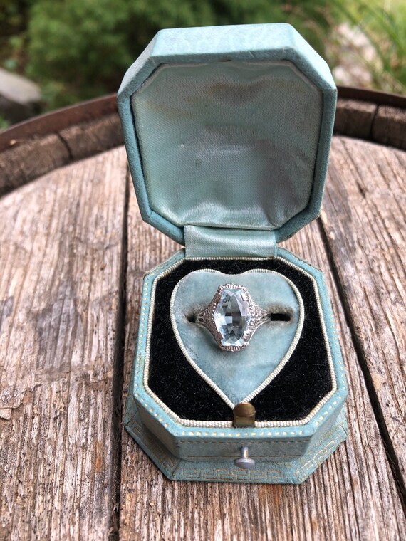 Antique aquamarine ring, Art Deco aquamarine ring,
