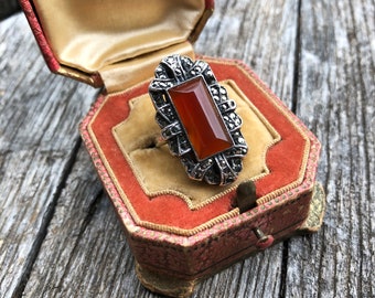 Art Deco sterling ring, art deco carnelian ring, marcasite and carnelian ring