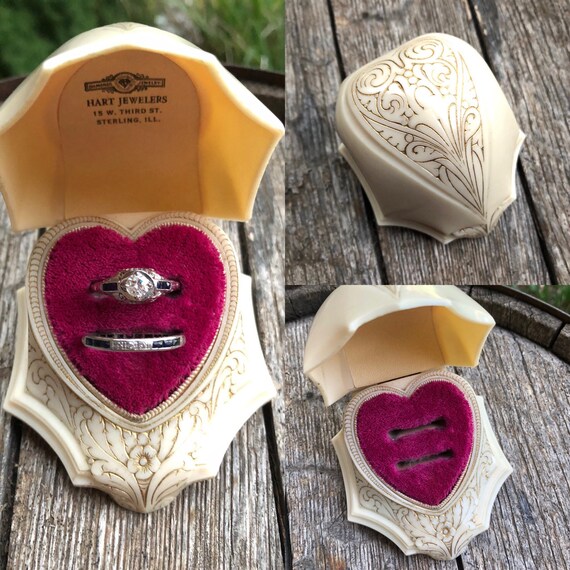 Art Deco ring box, antique double ring box, heart