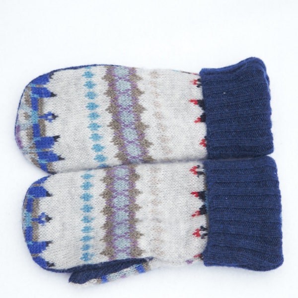 Felted Wool Sweater mittens; fun nordic design royal blue & soft greys. Lined in fleece for extra softness and warmth.