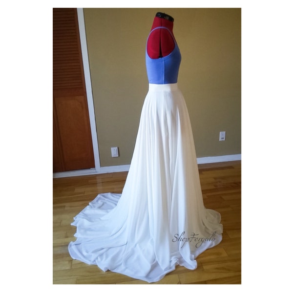 Wedding maxi chiffon skirt with train in white or Ivory, floor length skirt for boho weddings or beach bridal skirt, available in plus size