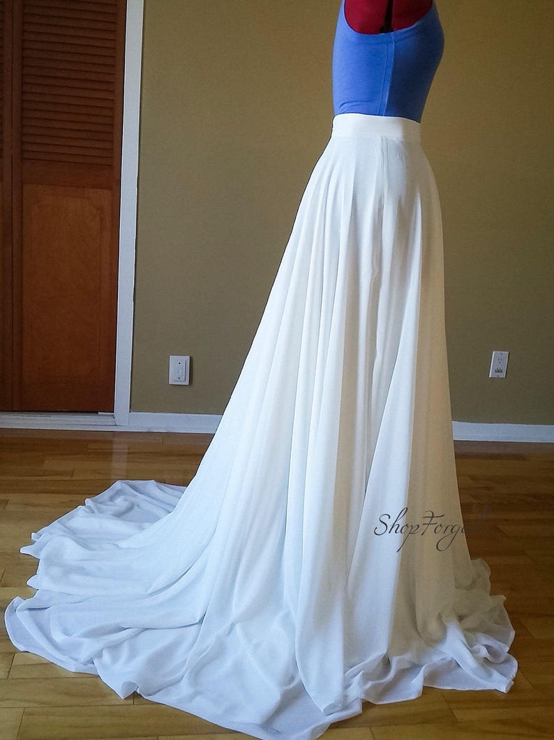 Wedding maxi chiffon skirt with train in white or Ivory, floor length skirt for boho weddings or beach bridal skirt, available in plus size image 4