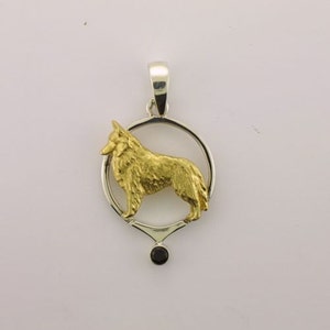 Belgian Tervuren Sheepdog Pendant in Gold Vermeil, Silver and Black Onyx Accent Stone
