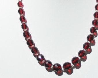 Czech Art Deco Red Faceted Crystal Glass Beaded 1930s Vintage Necklace