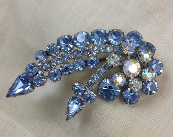 Vintage 1950&#39;s Shooting Star Rhinestone Broche y colgante, pin de cristal azul