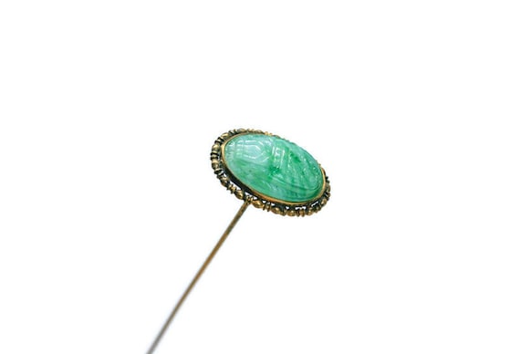 Antique Carved Scarab Hat Pin, Faux Jade Scarab, … - image 3
