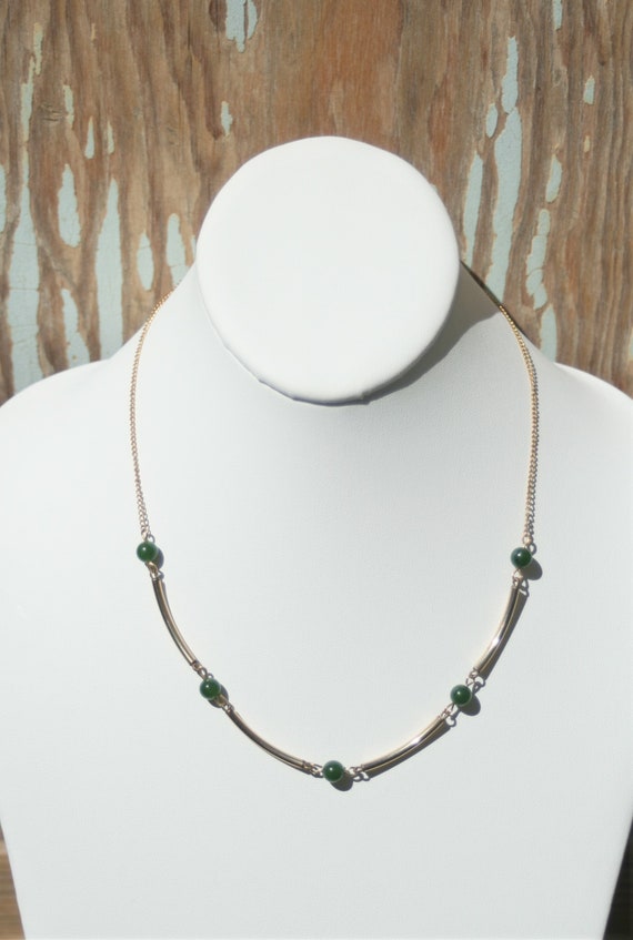 1970s 14K GF Tube, Chain & Jade Bead Necklace
