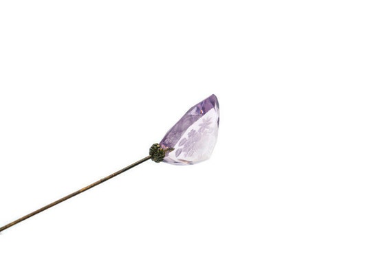Art Deco Etched Glass Flower Hat Pin, Antique Pur… - image 4