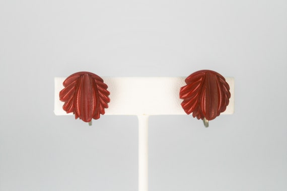 1940s Carved Red Authentic Tested Bakelite Earrin… - image 3