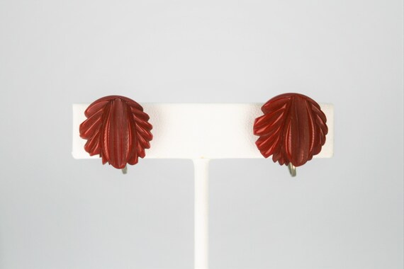 1940s Carved Red Authentic Tested Bakelite Earrin… - image 5