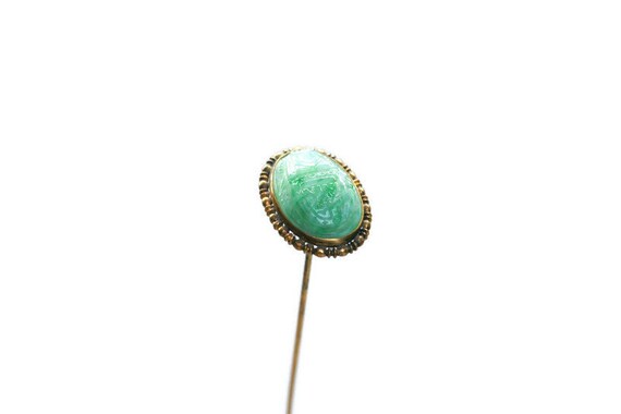 Antique Carved Scarab Hat Pin, Faux Jade Scarab, … - image 6