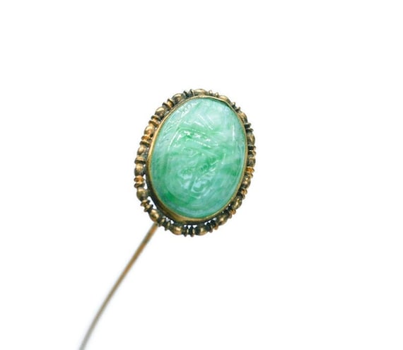 Antique Carved Scarab Hat Pin, Faux Jade Scarab, … - image 1