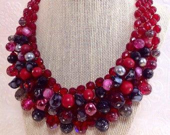 Vintage French Crystal Beaded Bib Necklace Multi Dimensional, Vintage Red Bubble Bead Necklace, Vintage Statement Necklace
