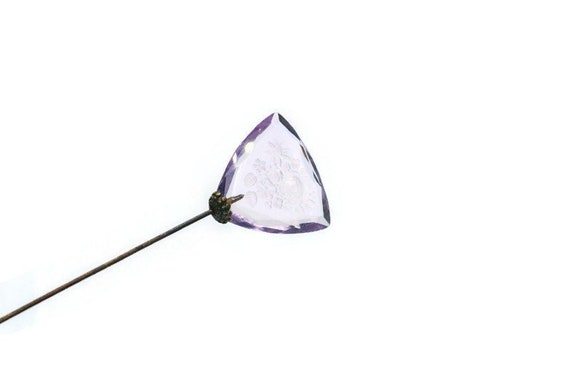 Art Deco Etched Glass Flower Hat Pin, Antique Pur… - image 3