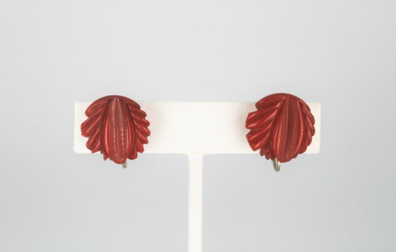 1940s Carved Red Authentic Tested Bakelite Earrin… - image 4