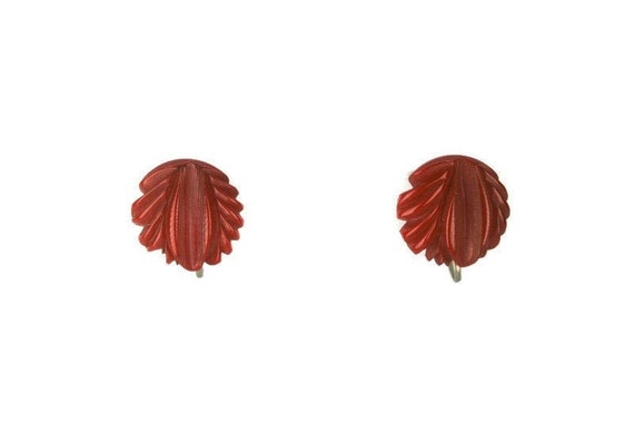 1940s Carved Red Authentic Tested Bakelite Earrin… - image 1