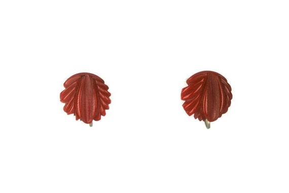 Boucles D'oreilles Anciennes En Bakélite Rouge Filigrane - Pendantes, Dormeuses, Occasion