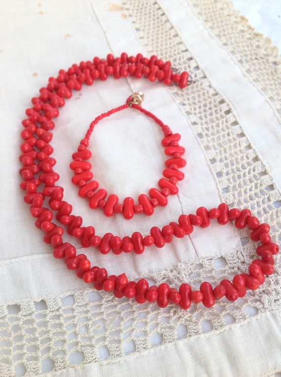 Vintage Faux Coral Necklace and Bracelet, Red Cora