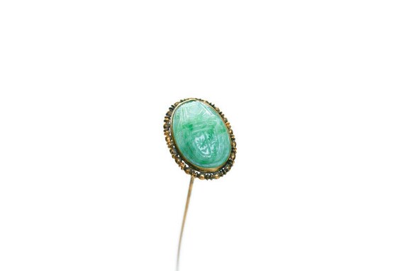 Antique Carved Scarab Hat Pin, Faux Jade Scarab, … - image 4