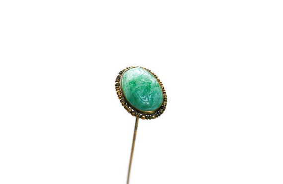 Antique Carved Scarab Hat Pin, Faux Jade Scarab, … - image 5