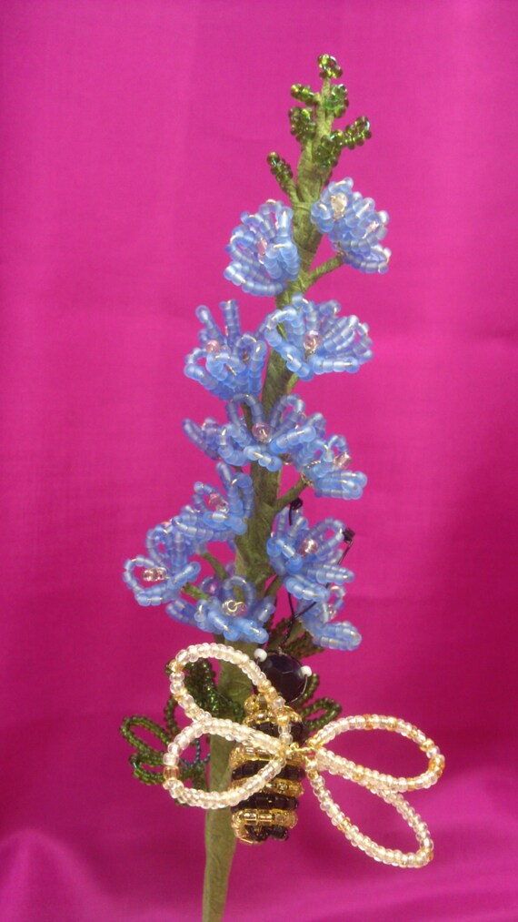 Cornflower blue french beaded flower with a cheeky bee Etsy