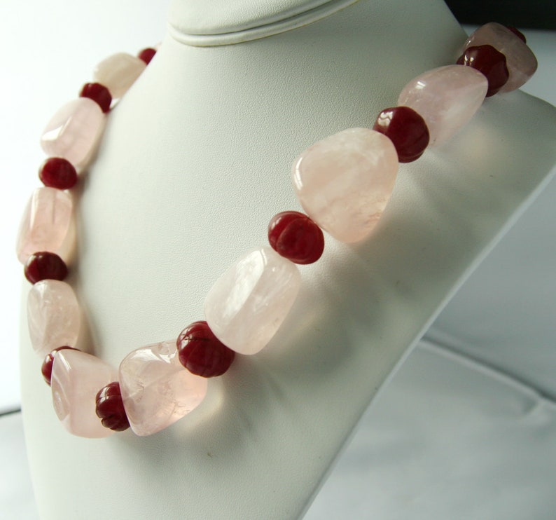Beautiful Rose Quartz Carved Ruby Sterling Silver Necklace Free shipping