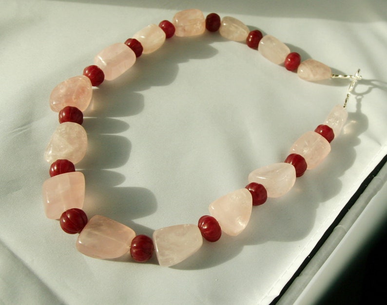 Beautiful Rose Quartz Carved Ruby Sterling Silver Necklace Free shipping