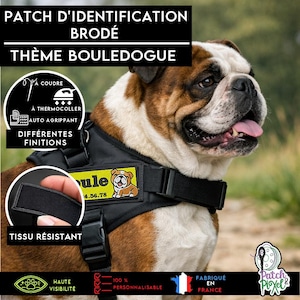 Geborduurd embleem met een Engelse bulldog om elk type textielartikel of tuigje te personaliseren.