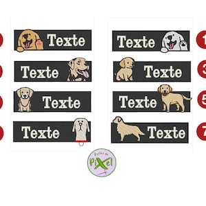 Può includere: Sette diversi disegni di ricamo con varie razze di cani con la parola "Texte" su uno sfondo nero. I disegni sono numerati da 1 a 7.