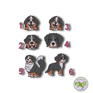 Puede incluir: Seis diseños de bordado diferentes de perros de montaña de Berna. Los diseños presentan la cabeza del perro, con diferentes expresiones, y un diseño de cuerpo completo del perro de pie.