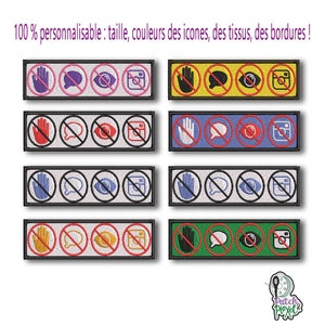 以下が含まれることがあります： 4つのアイコン（停止のサインが付いた手、スラッシュが入った吹き出し、スラッシュが入った目、スラッシュが入ったInstagramロゴ）が付いた、カスタマイズ可能な刺繍パッチの8つの異なるバリエーション。パッチは、さまざまな色と生地で入手できます。