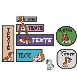 Könnte beinhalten: Gestickte Aufnäher mit einem braunen und weißen Basset Hound in verschiedenen Posen. Rechteckige und kreisförmige Aufnäher mit dem Wort "Texte" in Weiß. Aufnäher in den Farbtönen Rosa, Lila, Blau, Grün und Beige.