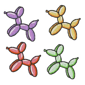 Peut inclure: Quatre motifs de chiens ballons brodés en violet, orange, rouge et vert. Chaque chien a un contour noir et un aspect texturé, ressemblant à un effet cousu ou matelassé. Les chiens sont disposés sur un fond blanc.