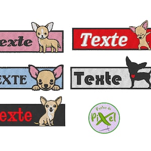Könnte beinhalten: Fünf verschiedene Stickmotive mit einem Chihuahua-Hund. Die Motive beinhalten einen rosa, blauen, roten, grauen und schwarzen Hintergrund mit dem Wort "Texte" in weißer oder schwarzer Schrift. Der Chihuahua-Hund ist in verschiedenen Posen, darunter sitzend, stehend und aus dem Hintergrund eines Banners herausblickend.