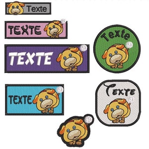 May include: Five embroidered iron-on patches featuring a cartoon dog with a tail feather. The patches are in different shapes and colours, including a circle, square, rectangle, and a single dog. The text "Texte" is on each patch.