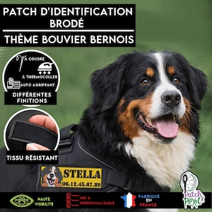 Geborduurd embleem met Berner Sennenhond om elk type textielartikel of tuigje te personaliseren.