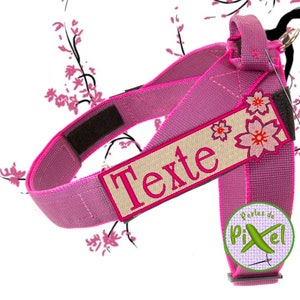 Peut inclure: Un harnais rose pour chien avec une étiquette rectangulaire brodée du mot "Texte" en rose et de motifs de fleurs de cerisier. Le harnais est équipé d'un crochet pour la laisse et d'une fermeture velcro. Fond avec des branches de cerisier.
